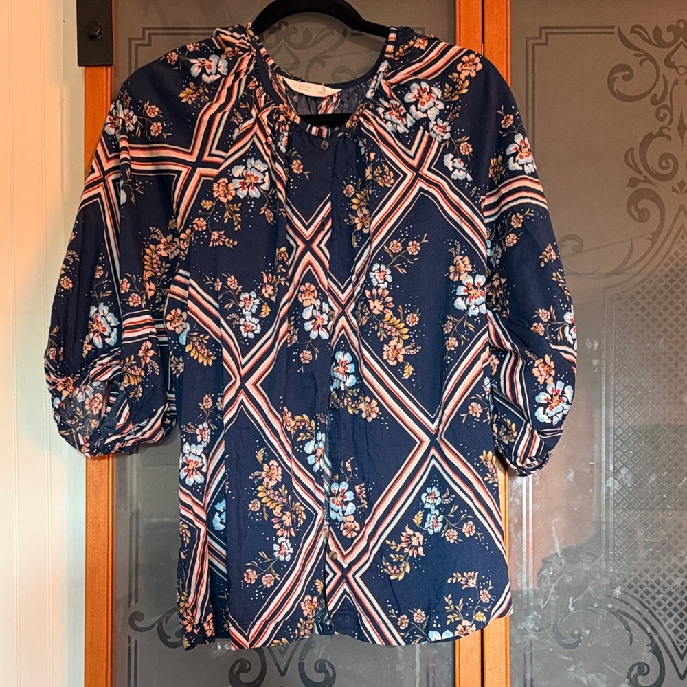 LC Lauren Conrad Navy Floral Blouse